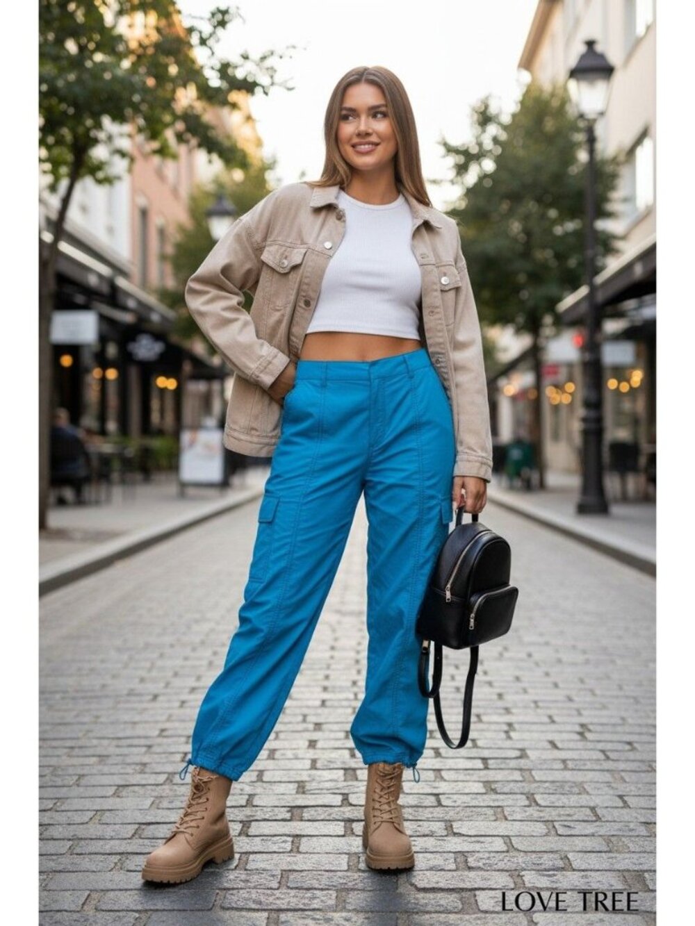 Love Tree Blue Nylon Cargo Jogger Parachute Pants Y2K Utilitarian Vintage Grunge
